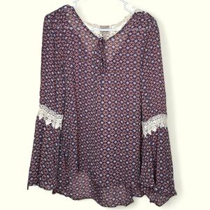 Como Vintage Purple Orange Geometric print Bell sleeve Lace Neck XL